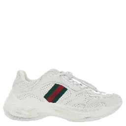 White Low Top Sneaker with Perforated Design and Web Detail on the Side in Leather for Women