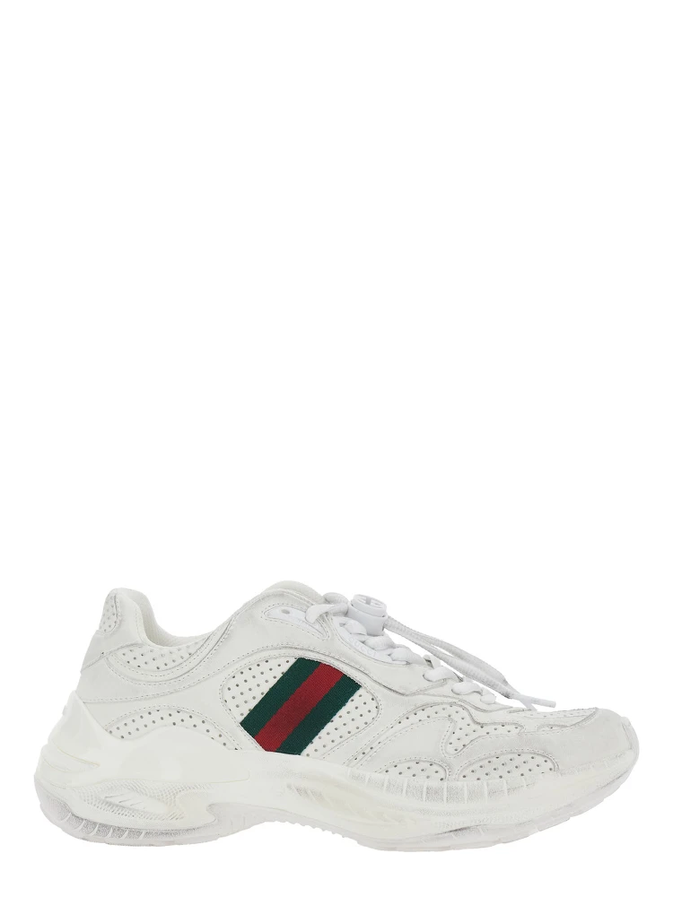 White Low Top Sneaker with Perforated Design and Web Detail on the Side in Leather for Women