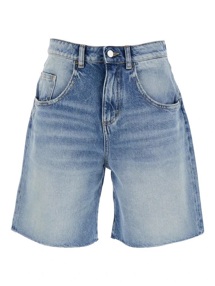 Wide Leg Bermuda with Logo Patch on the Back in Blue Denim for Women