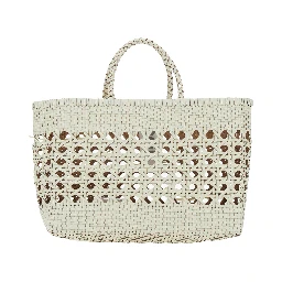 Biscuit Tote White Handbag with Double Round Handles and Woven Design in Leather for Women