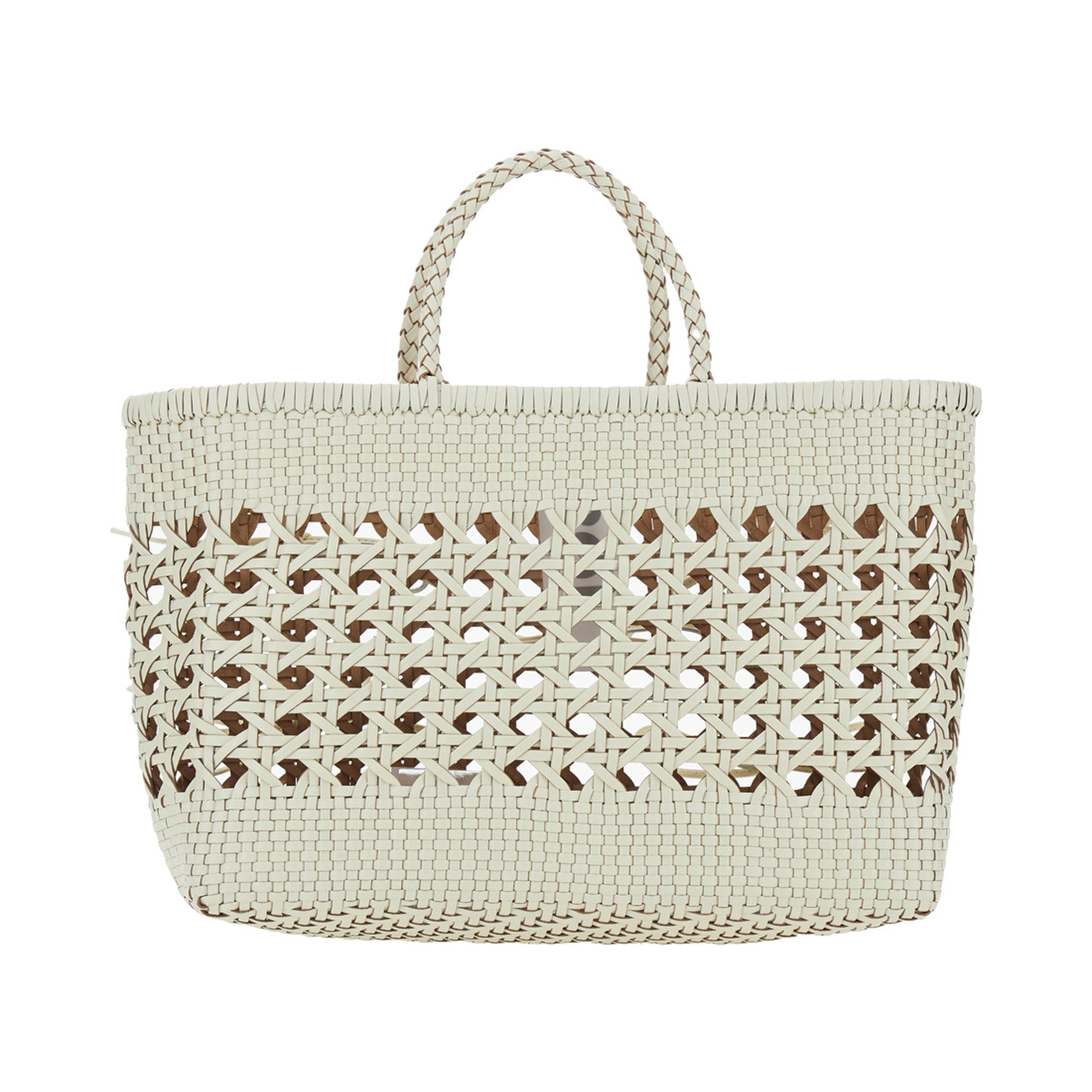 Biscuit Tote White Handbag with Double Round Handles and Woven Design in Leather for Women