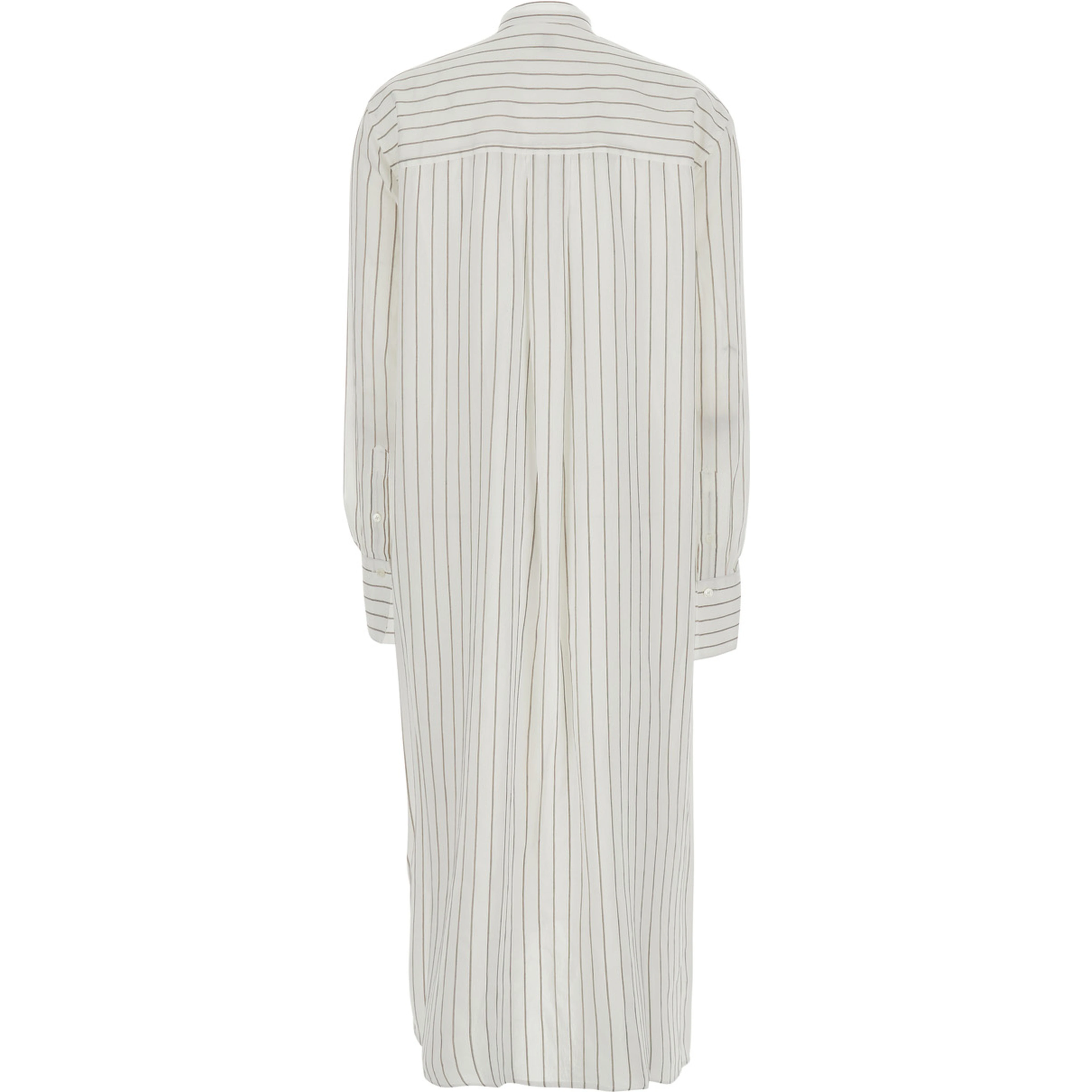 White Dress with a round neckline and a patch pocket on the front and all-over striped motif in viscose blend for women