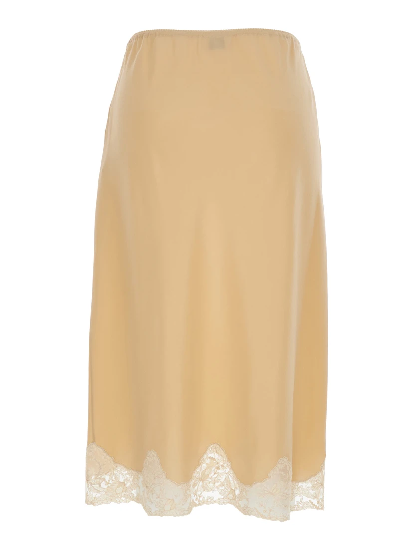 Beige Silk Skirt with Elastic Waist and Lace Hem for Women