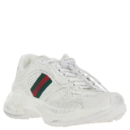 White Low Top Sneaker with Perforated Design and Web Detail on the Side in Leather for Women