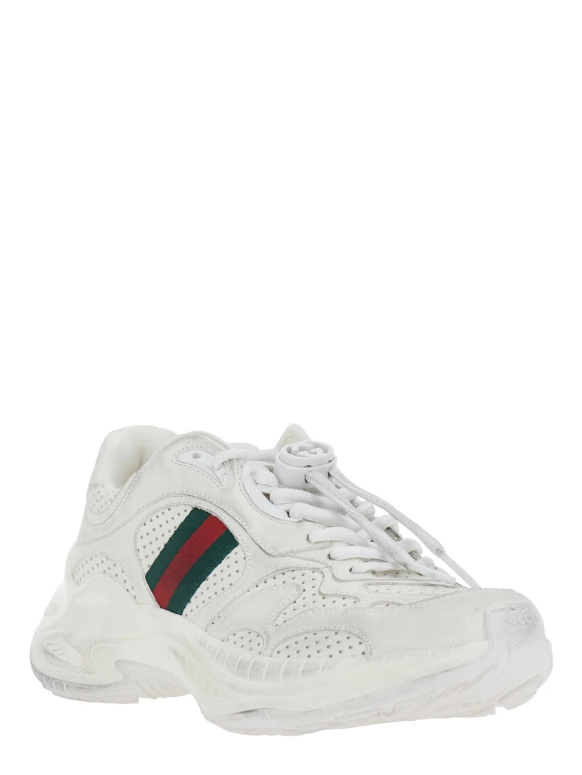 White Low Top Sneaker with Perforated Design and Web Detail on the Side in Leather for Women