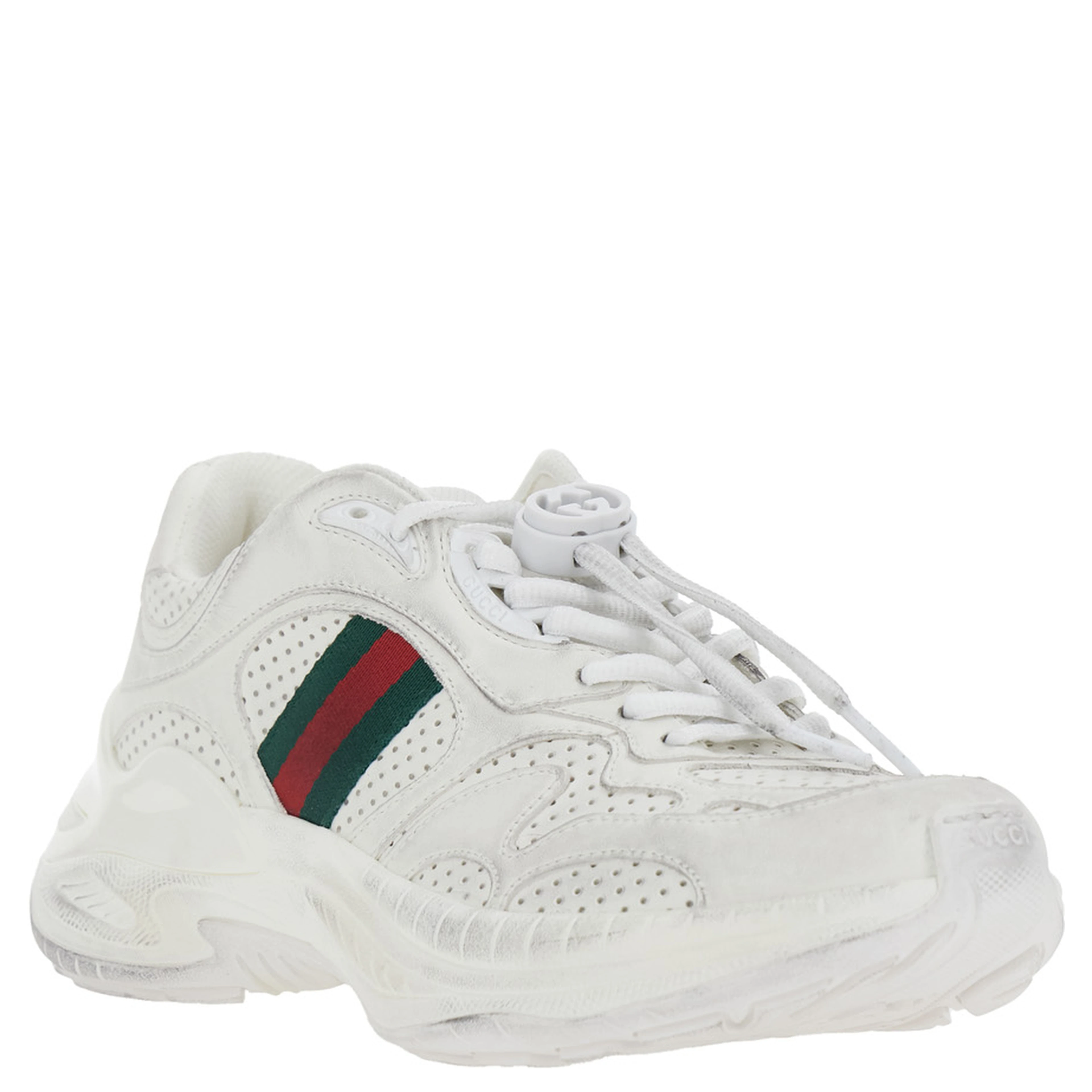 White Low Top Sneaker with Perforated Design and Web Detail on the Side in Leather for Women