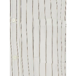 White Dress with a round neckline and a patch pocket on the front and all-over striped motif in viscose blend for women