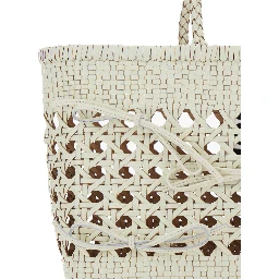 Biscuit Tote White Handbag with Double Round Handles and Woven Design in Leather for Women