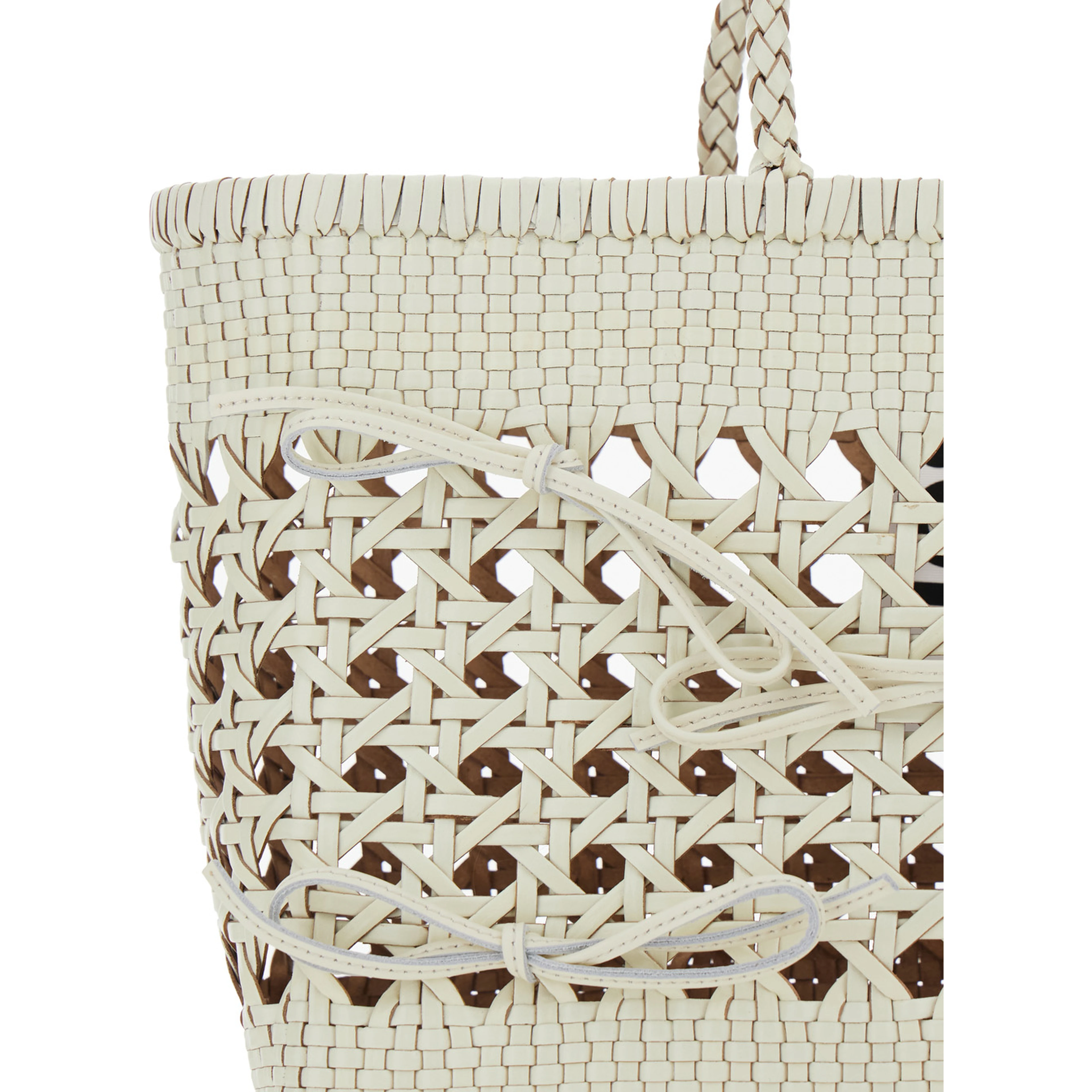Biscuit Tote White Handbag with Double Round Handles and Woven Design in Leather for Women