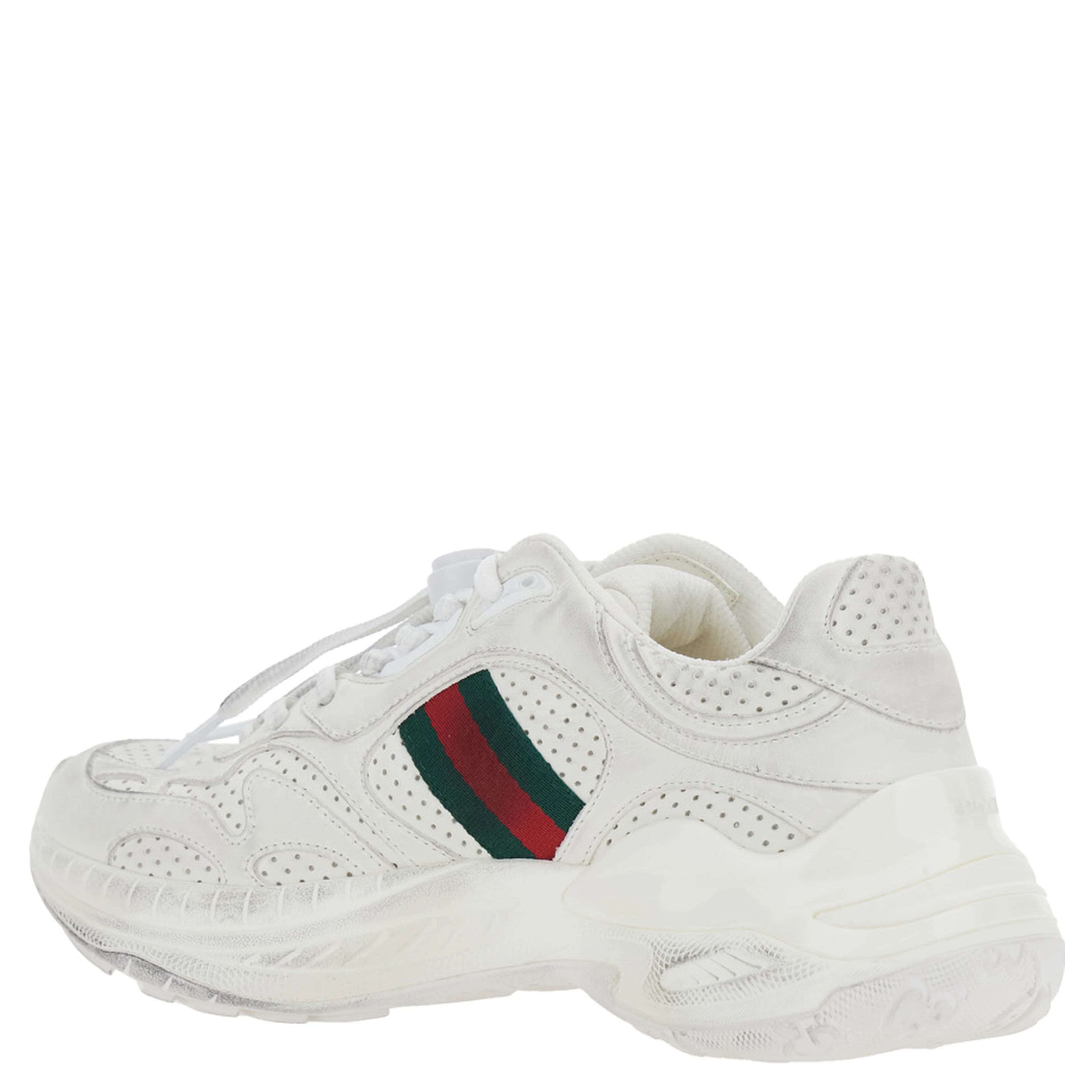 White Low Top Sneaker with Perforated Design and Web Detail on the Side in Leather for Women