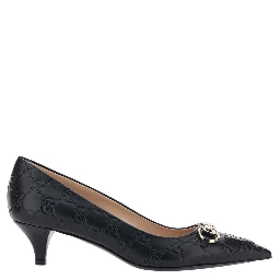 Erin Black Pumps with Low Heel and Horsebit on the Front in GG Leather Woman
