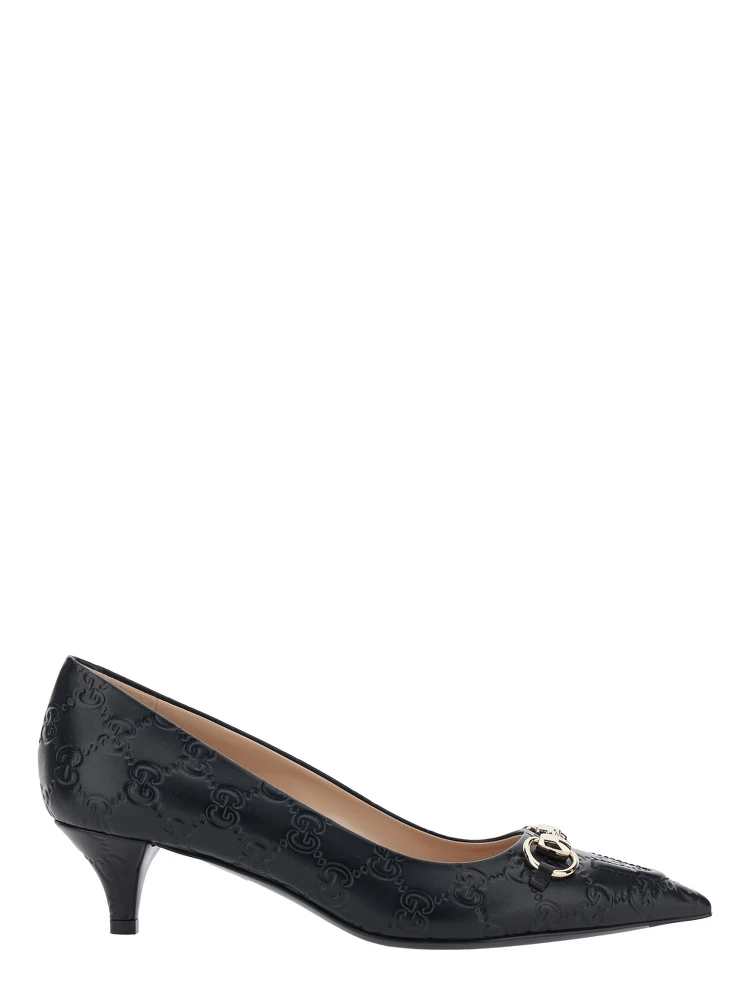 Erin Black Pumps with Low Heel and Horsebit on the Front in GG Leather Woman