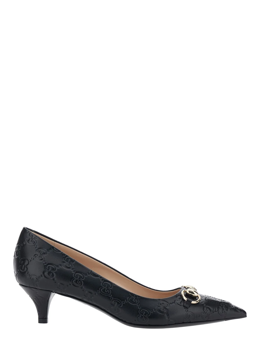 Erin Black Pumps with Low Heel and Horsebit on the Front in GG Leather Woman