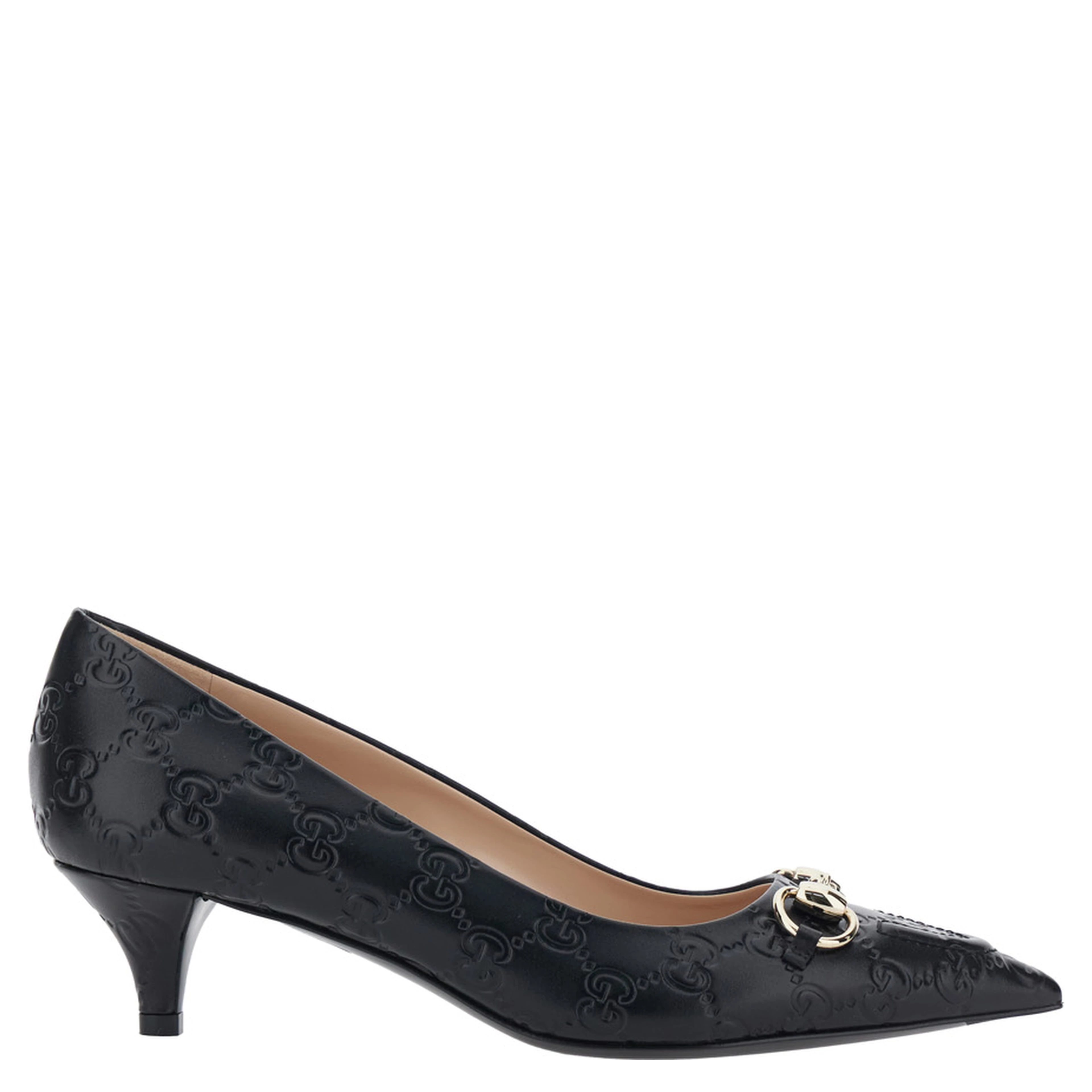 Erin Black Pumps with Low Heel and Horsebit on the Front in GG Leather Woman