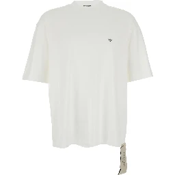 White crew-neck t-shirt with logo on front and back in cotton man