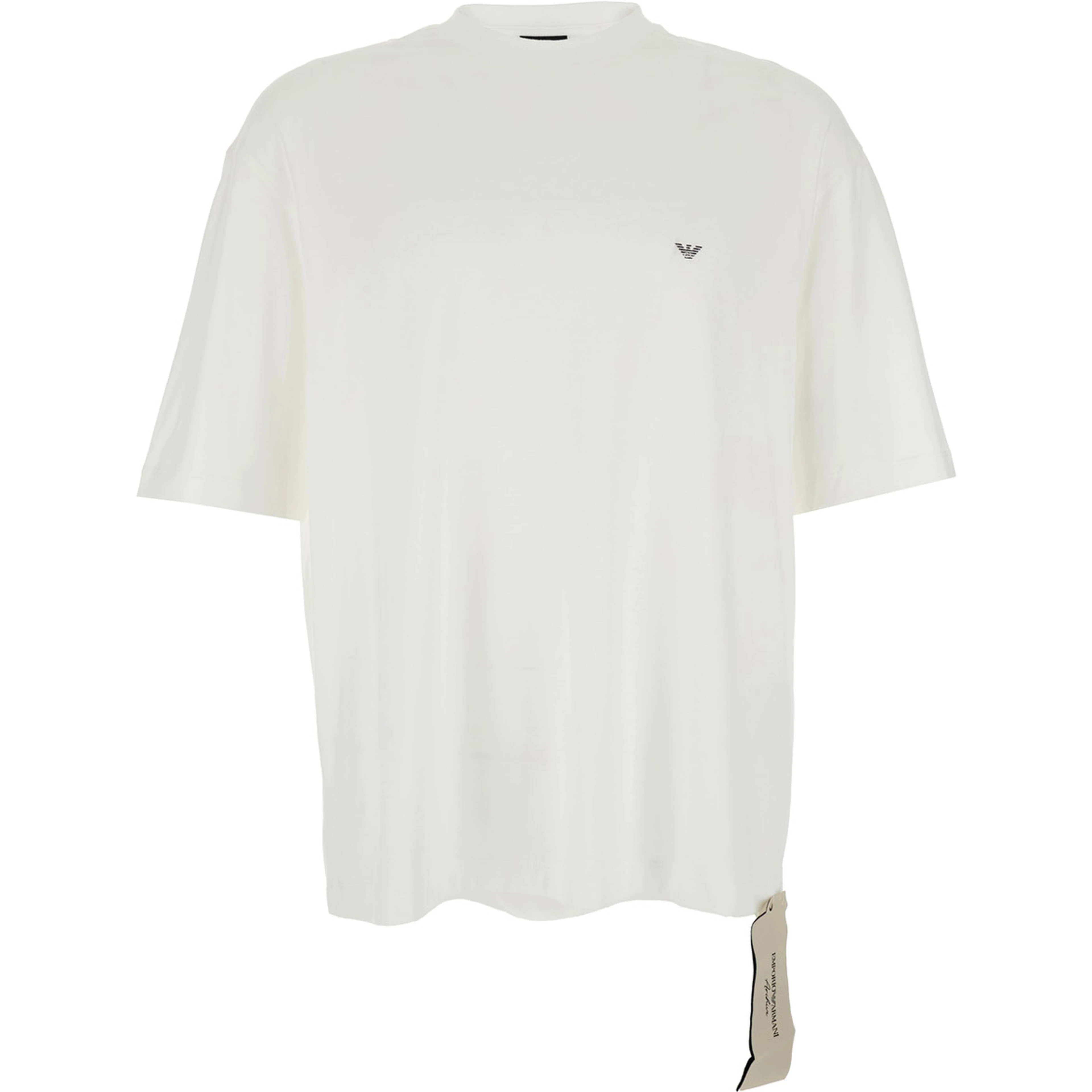 White crew-neck t-shirt with logo on front and back in cotton man