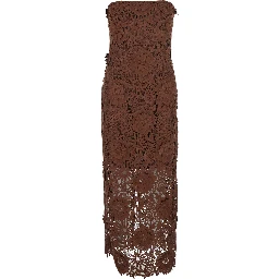 Brown Midi Dress with All-Over Floral Embroidery and Off Shoulder Design in Tech Fabric for Women