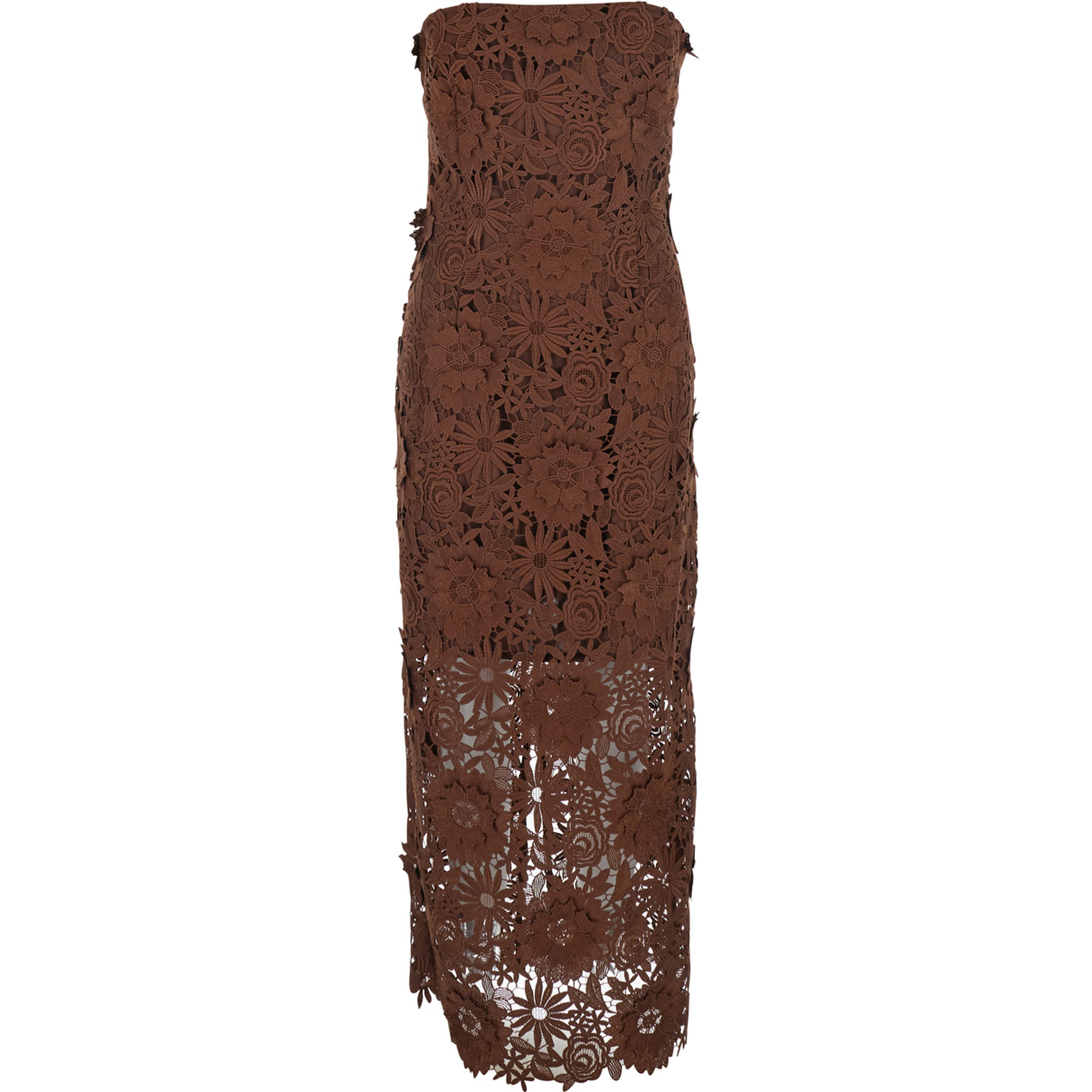Brown Midi Dress with All-Over Floral Embroidery and Off Shoulder Design in Tech Fabric for Women