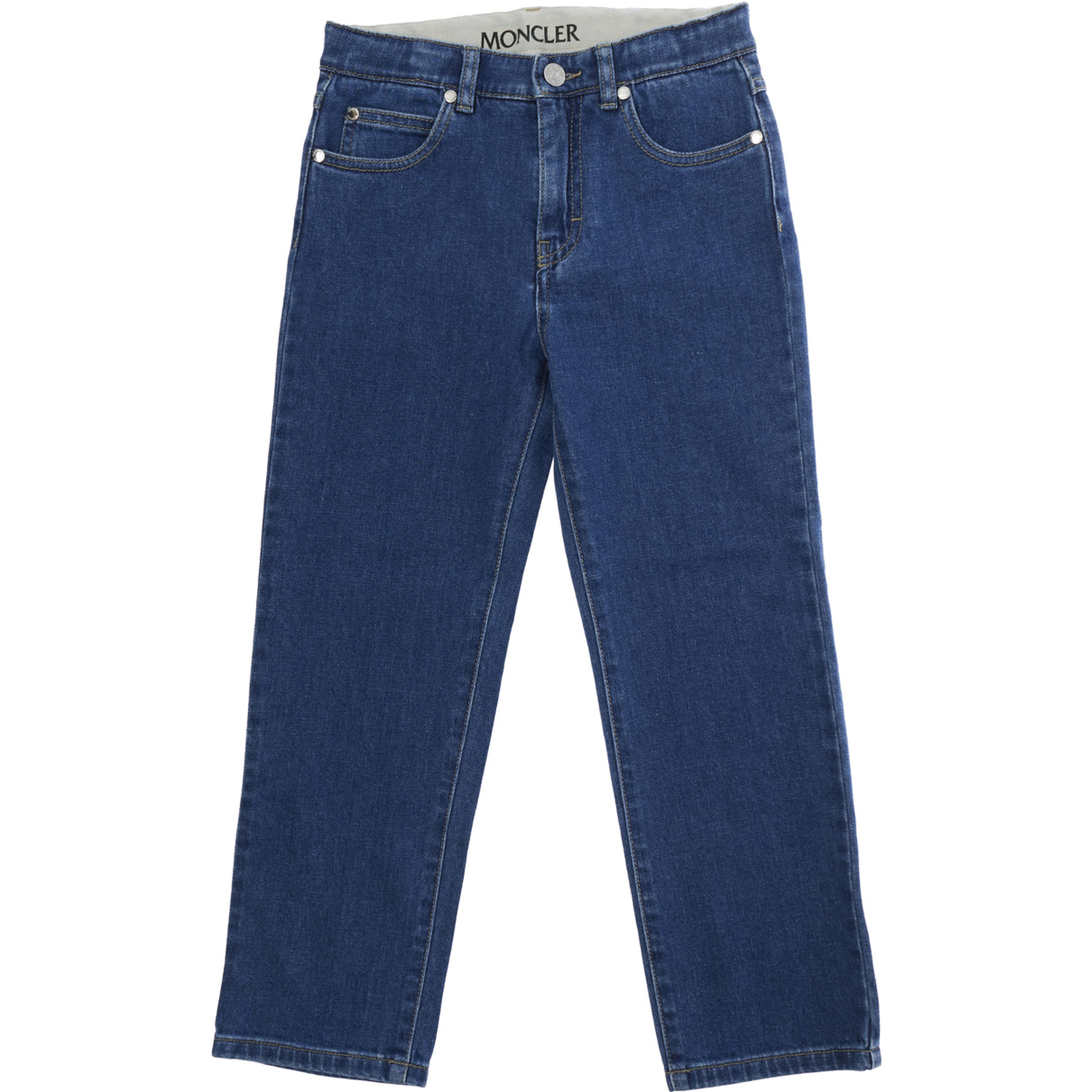 Five-pocket design jeans with logo patch on the back in blue denim for kids