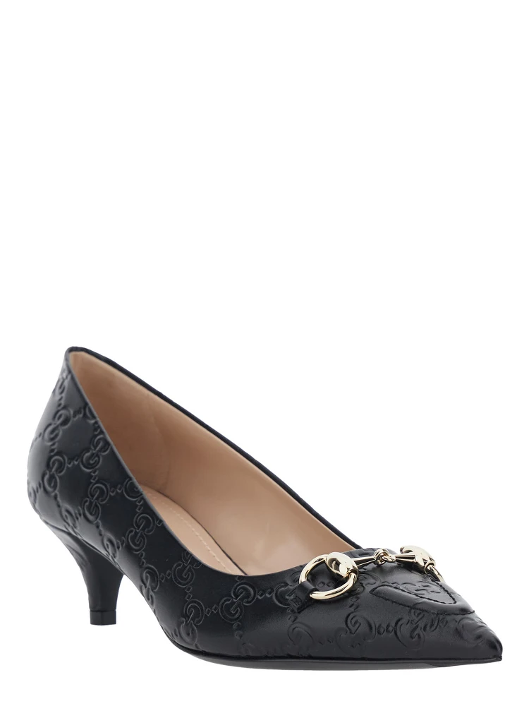 Erin Black Pumps with Low Heel and Horsebit on the Front in GG Leather Woman alternative