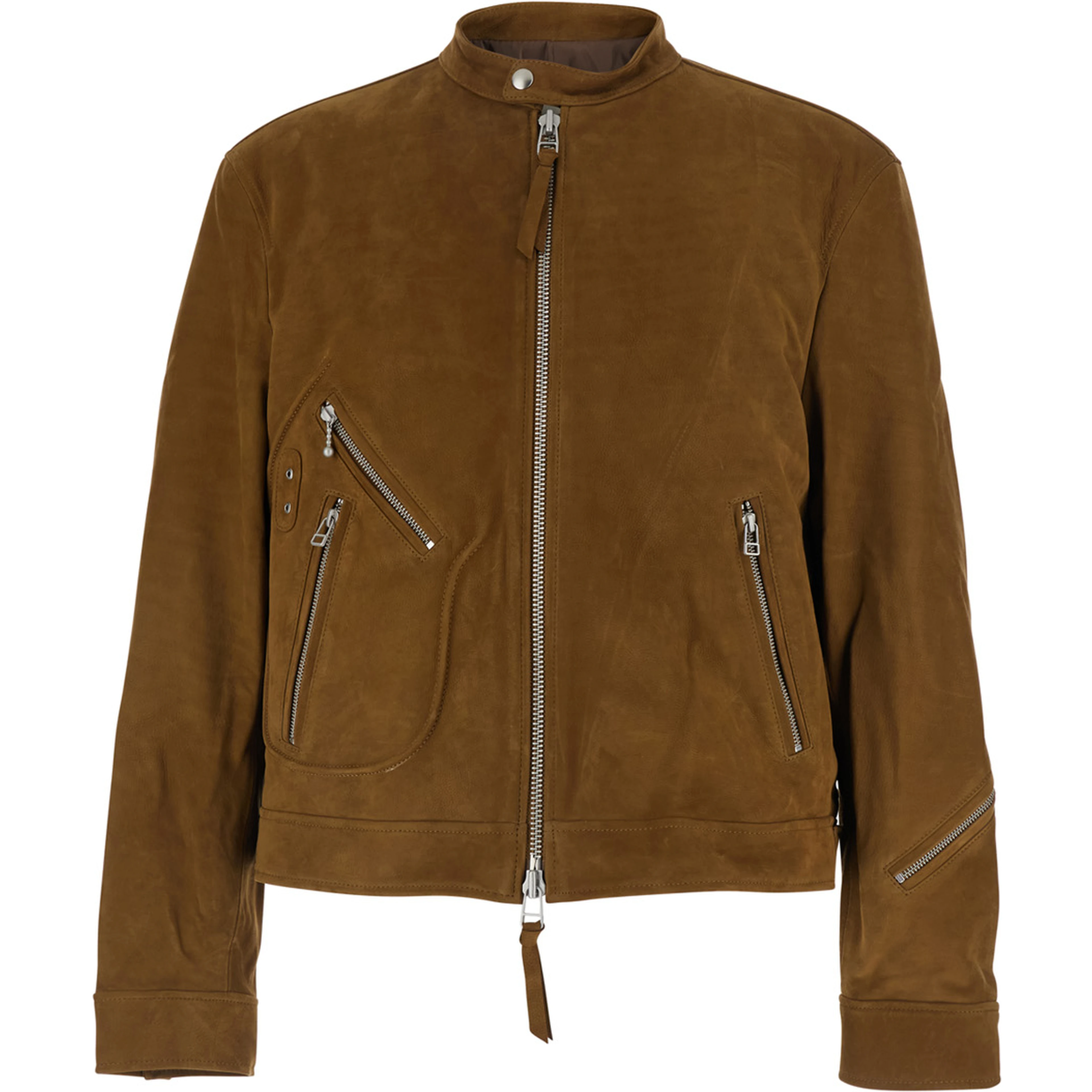 Brown Jacket with Stand-up Collar and Front Zip Pockets in Suede Man