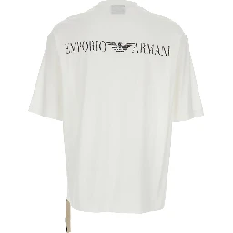 White crew-neck t-shirt with logo on front and back in cotton man