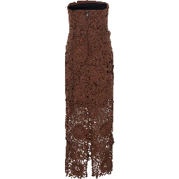 Brown Midi Dress with All-Over Floral Embroidery and Off Shoulder Design in Tech Fabric for Women