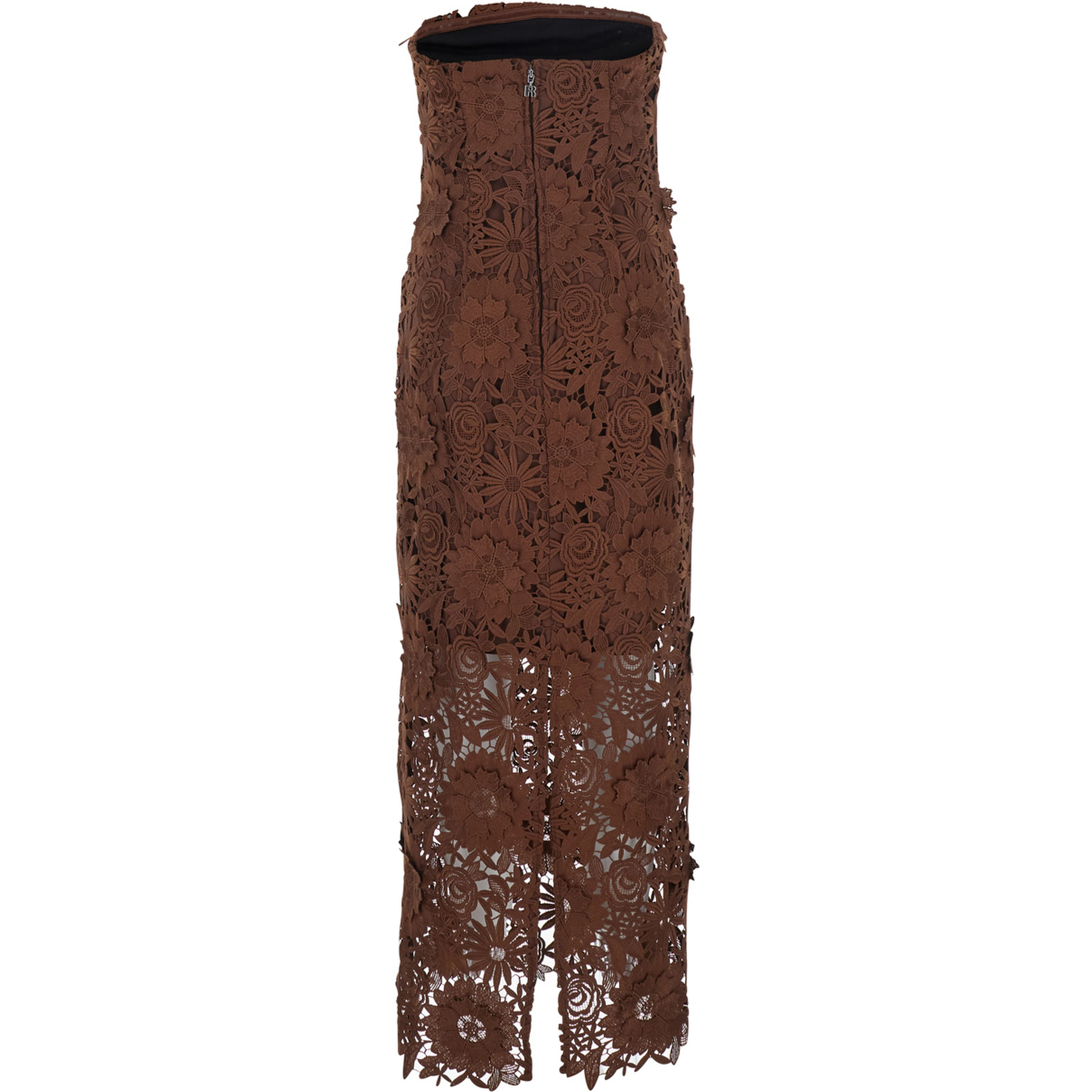 Brown Midi Dress with All-Over Floral Embroidery and Off Shoulder Design in Tech Fabric for Women