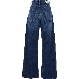 Wide Leg Jeans with Logo Patch on the Back in Blue Denim for Women