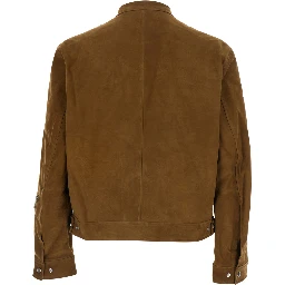 Brown Jacket with Stand-up Collar and Front Zip Pockets in Suede Man
