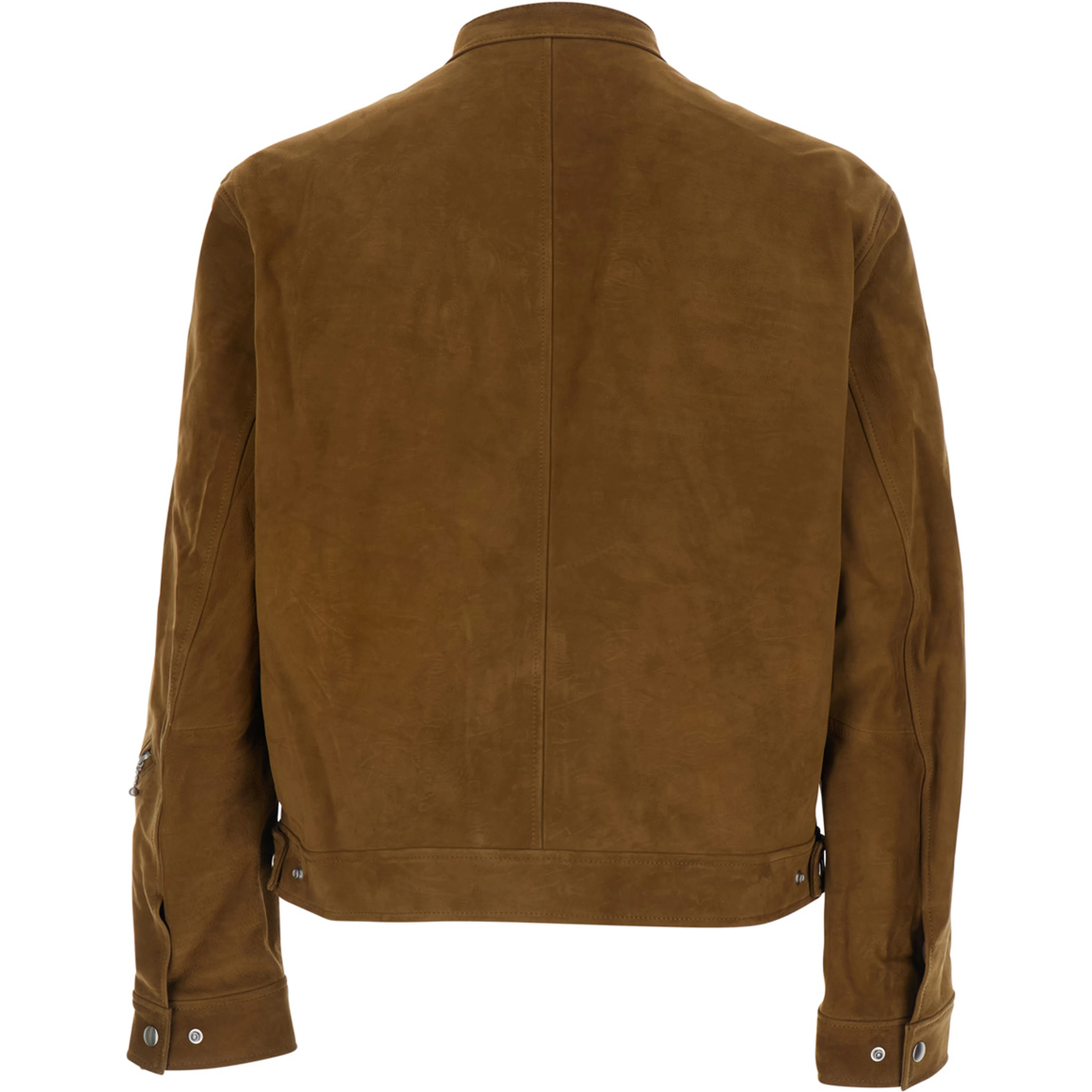 Brown Jacket with Stand-up Collar and Front Zip Pockets in Suede Man