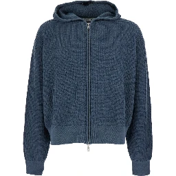 Blue Hooded Sweatshirt with Honeycomb Knit Design in Cotton Man