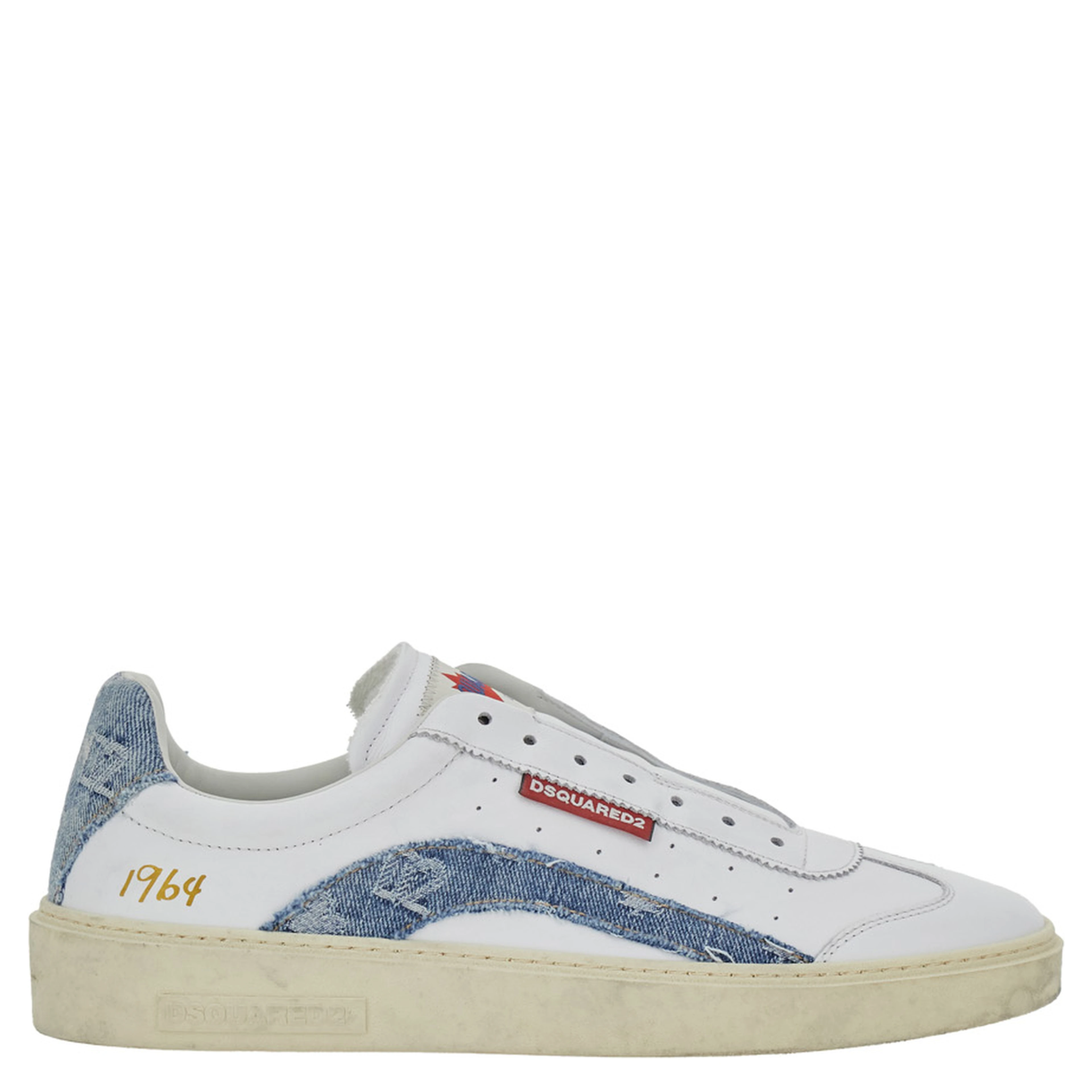 White Low Top Sneakers with Denim Panels and Distressed Effect in Leather Man