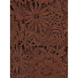 Brown Midi Dress with All-Over Floral Embroidery and Off Shoulder Design in Tech Fabric for Women