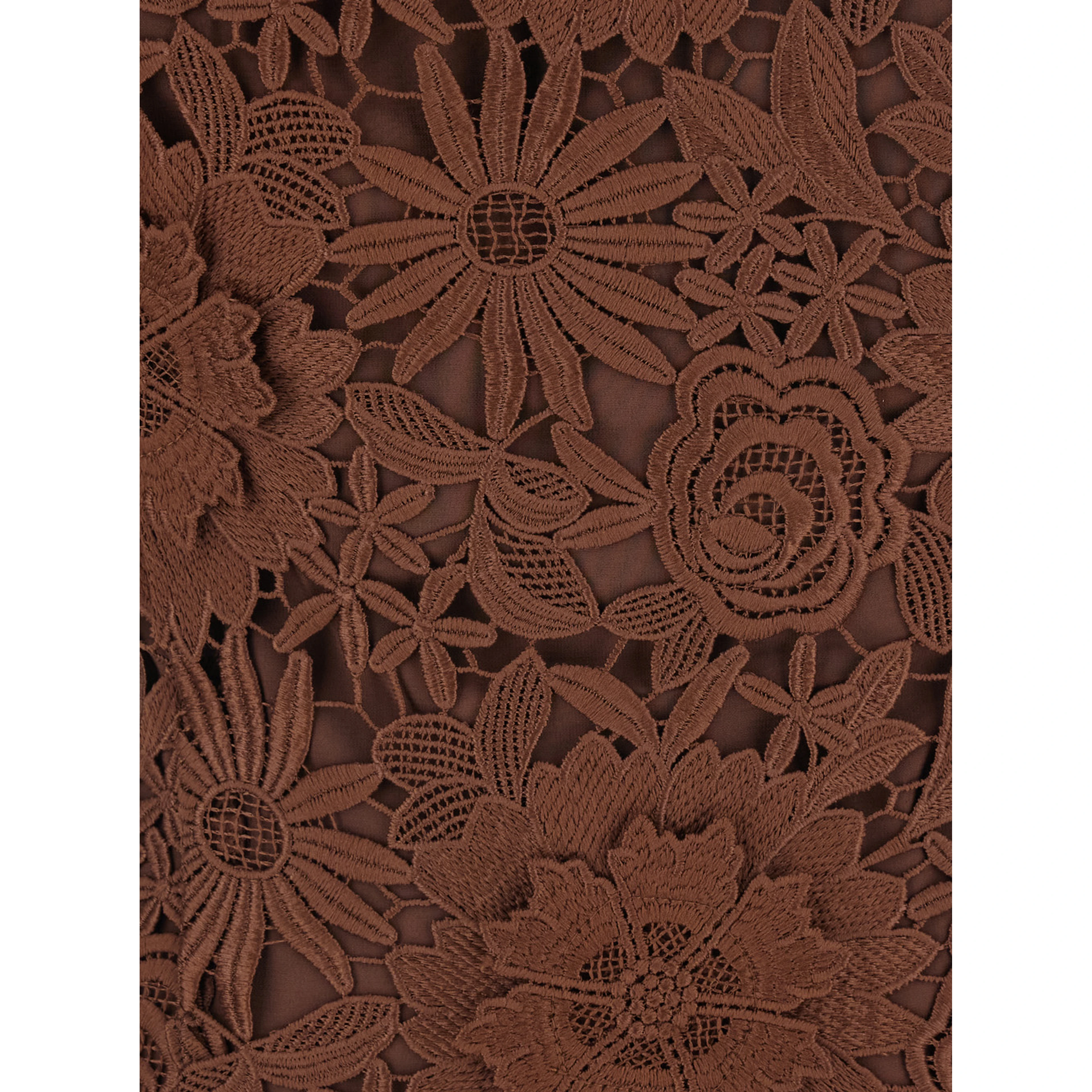 Brown Midi Dress with All-Over Floral Embroidery and Off Shoulder Design in Tech Fabric for Women
