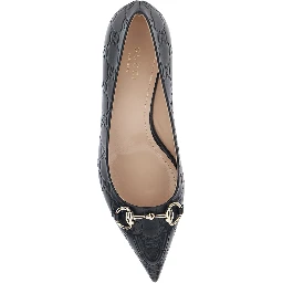 Erin Black Pumps with Low Heel and Horsebit on the Front in GG Leather Woman