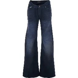 Blue Five-pocket Jeans with Curved Waist and Faded Effect in Denim for Women