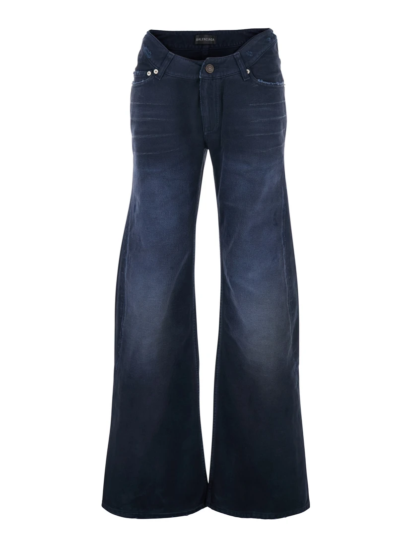 Blue Five-pocket Jeans with Curved Waist and Faded Effect in Denim for Women
