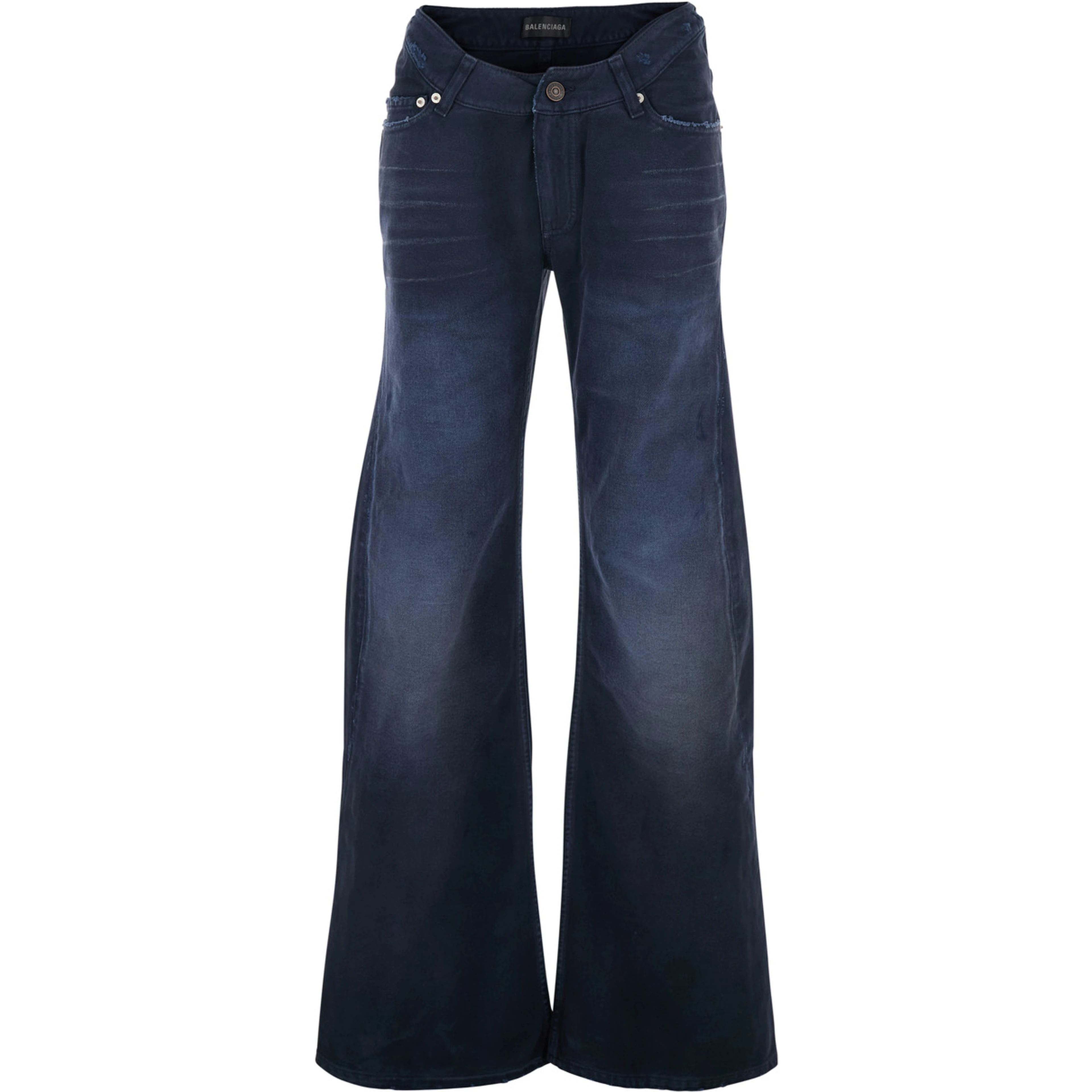 Blue Five-pocket Jeans with Curved Waist and Faded Effect in Denim for Women
