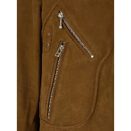 Brown Jacket with Stand-up Collar and Front Zip Pockets in Suede Man
