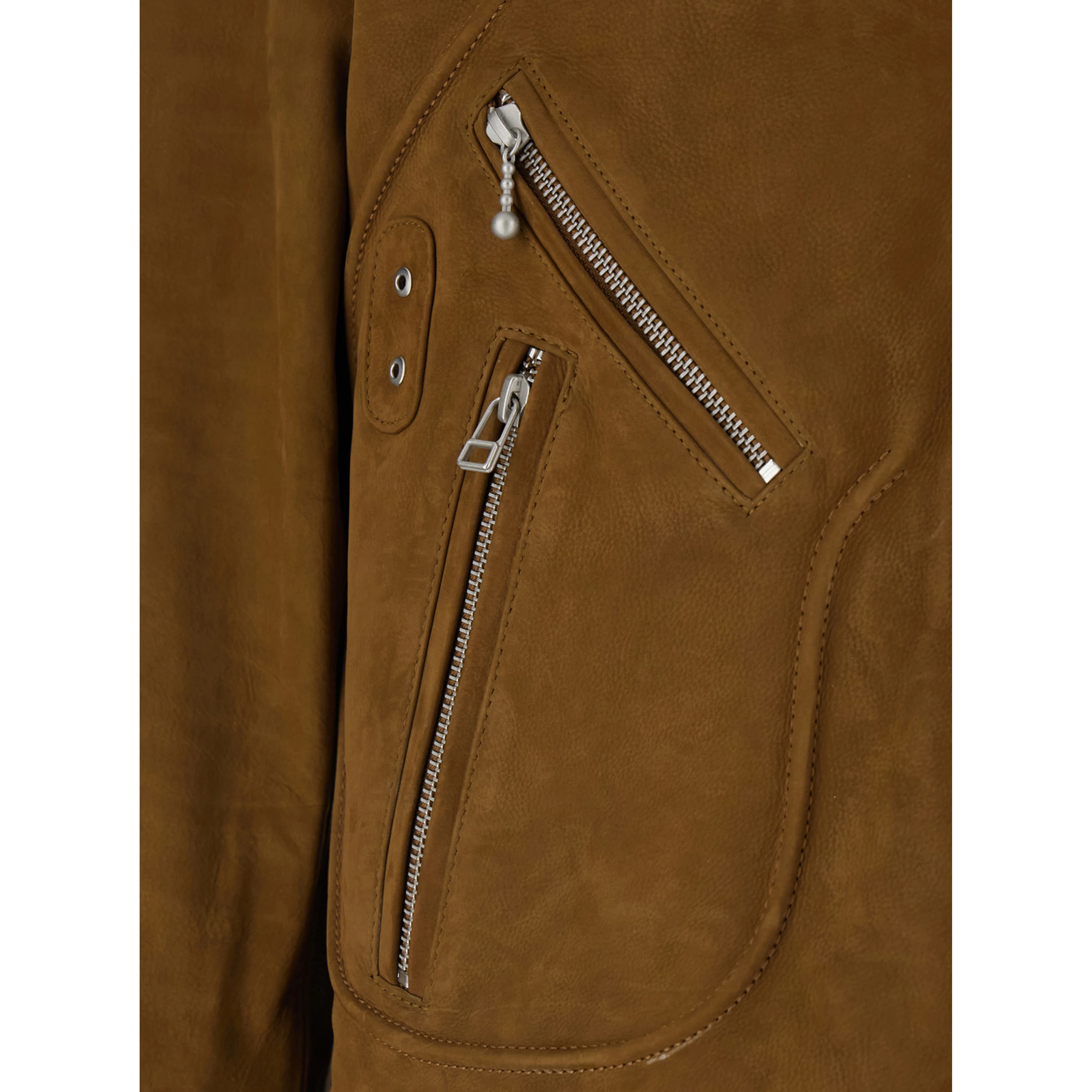 Brown Jacket with Stand-up Collar and Front Zip Pockets in Suede Man