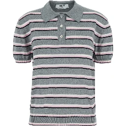 Grey Polo Shirt with Ribbed Details and All-Over Striped Motif in Cotton for Women