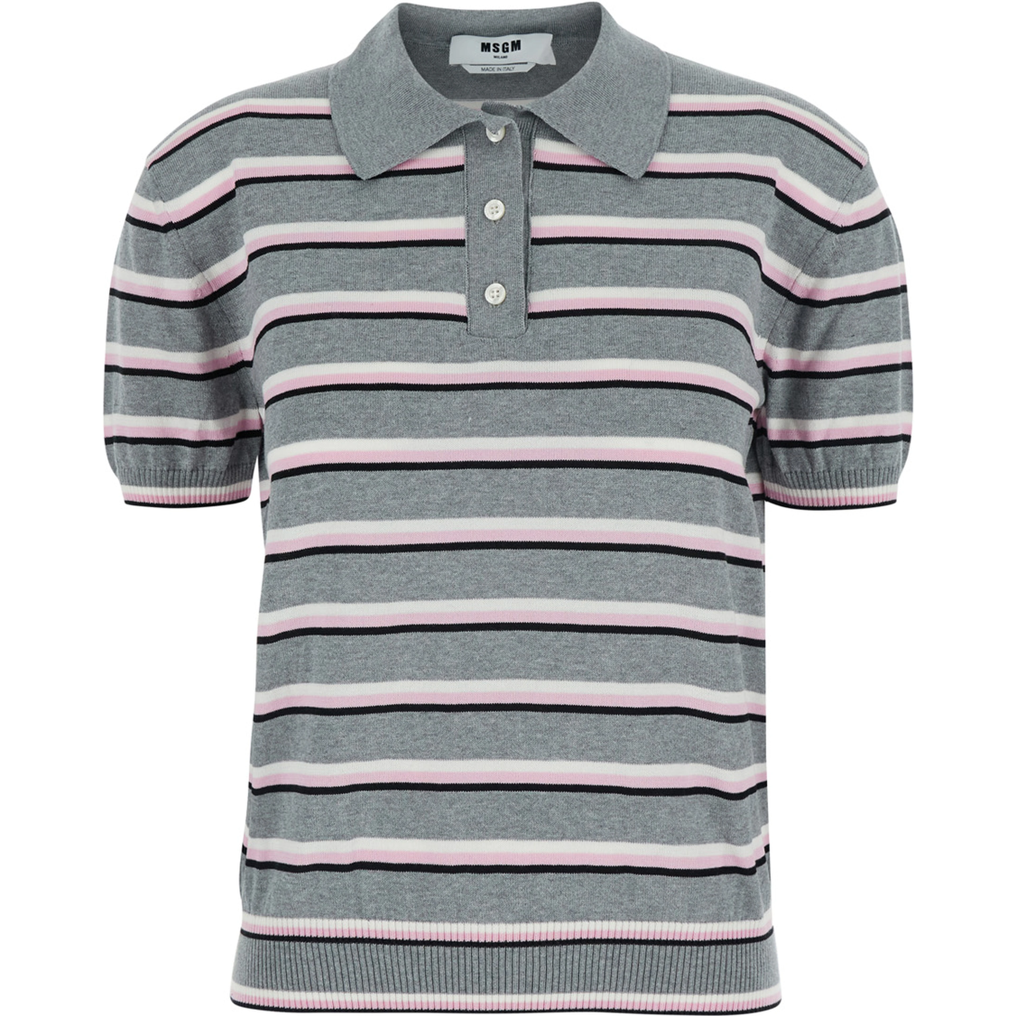 Grey Polo Shirt with Ribbed Details and All-Over Striped Motif in Cotton for Women