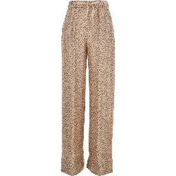 Beige Silk Pants with Elastic Drawstring Waist and All-Over Print Woman