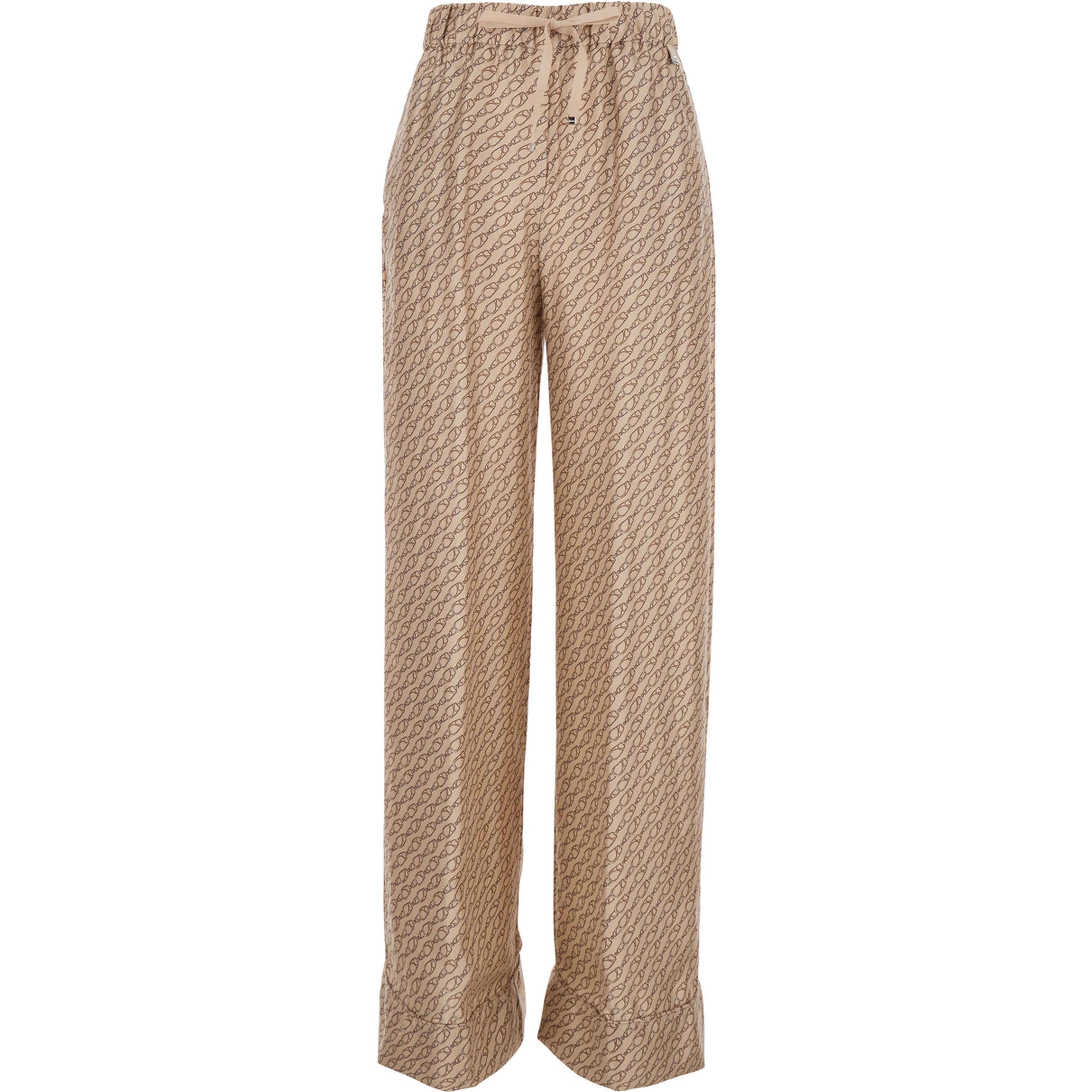 Beige Silk Pants with Elastic Drawstring Waist and All-Over Print Woman