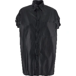 Shirt with classic collar and front pocket in black leather for women