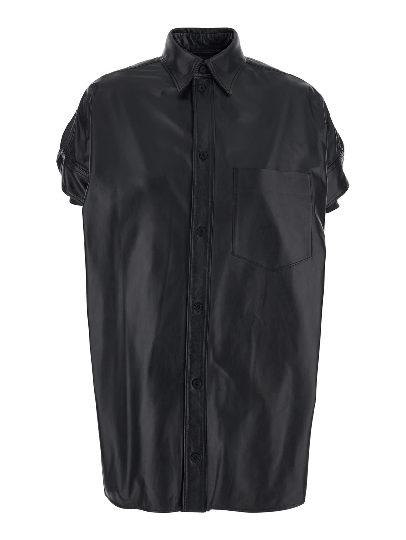 Shirt with classic collar and front pocket in black leather for women