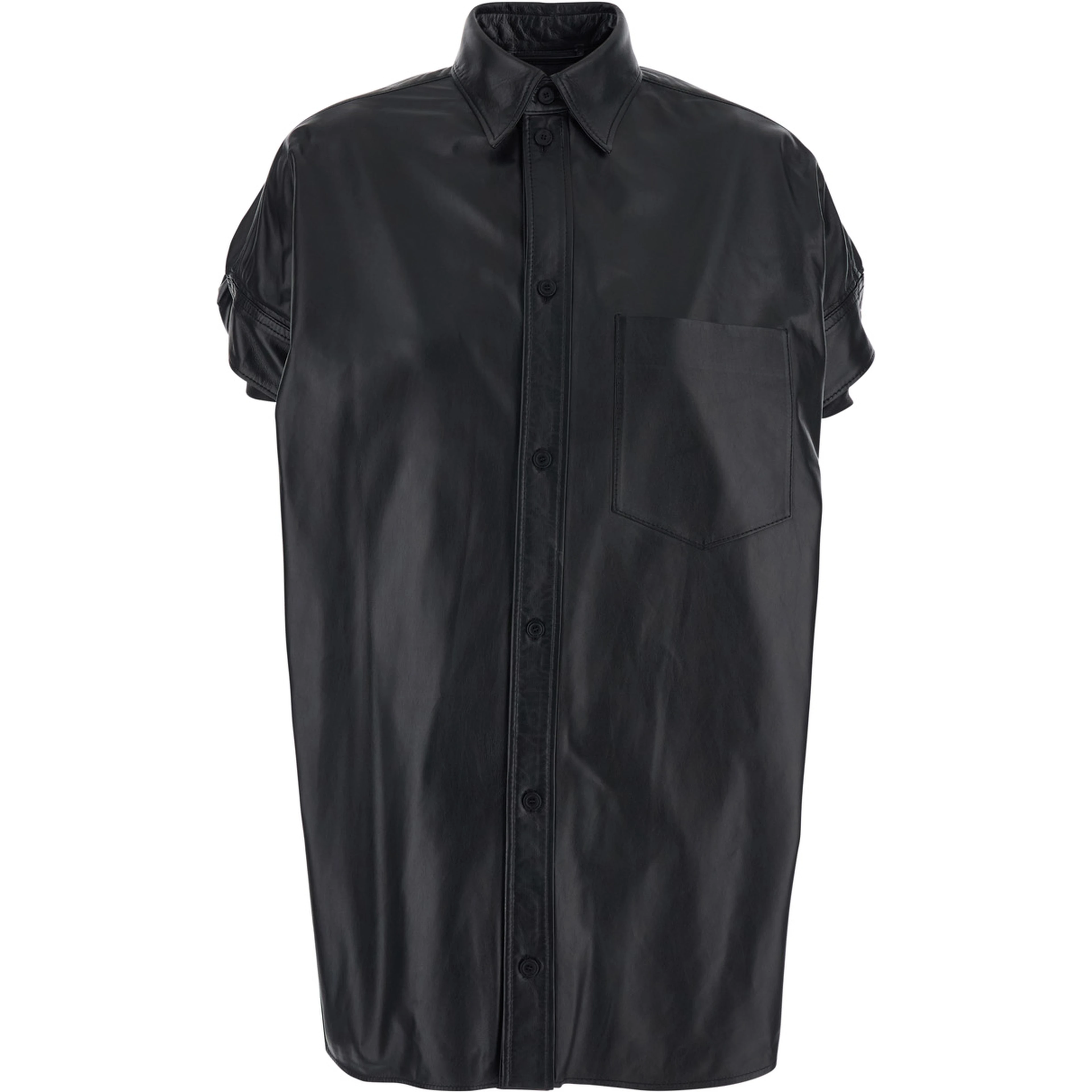 Shirt with classic collar and front pocket in black leather for women