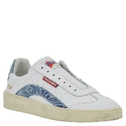White Low Top Sneakers with Denim Panels and Distressed Effect in Leather Man