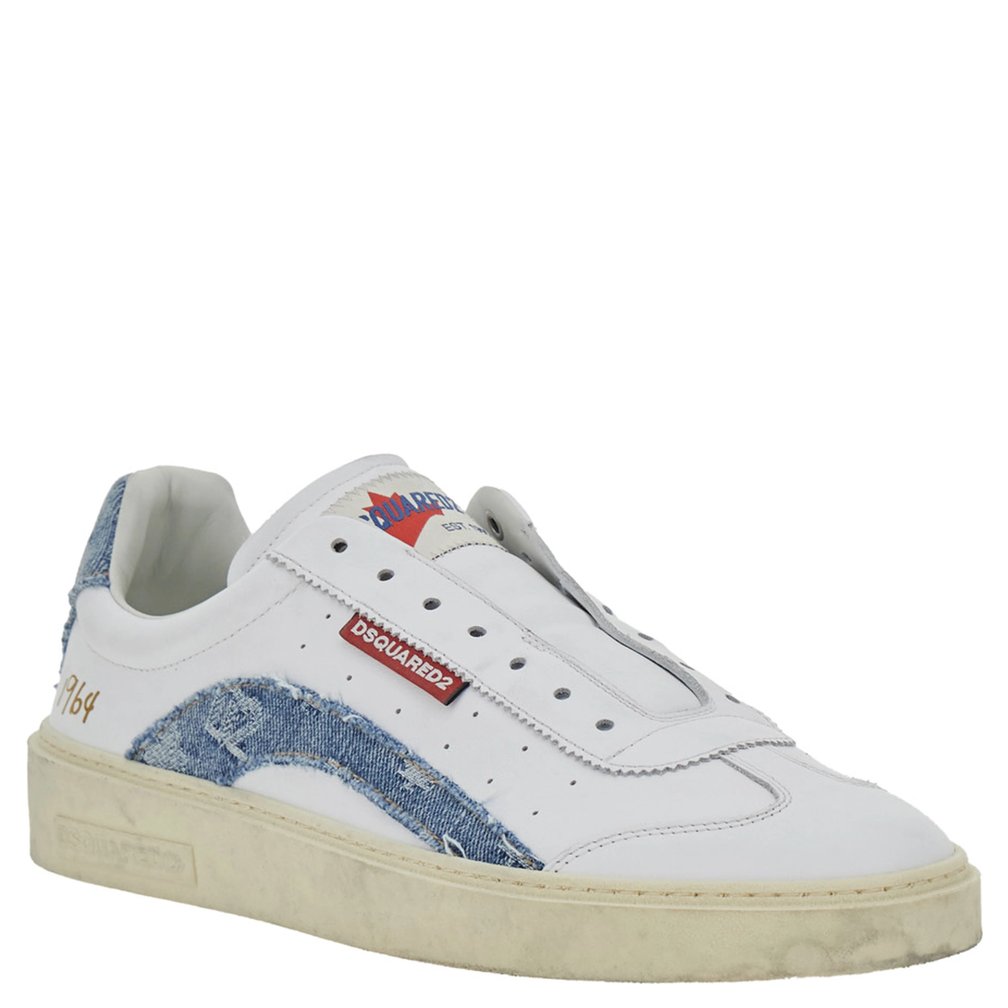 White Low Top Sneakers with Denim Panels and Distressed Effect in Leather Man